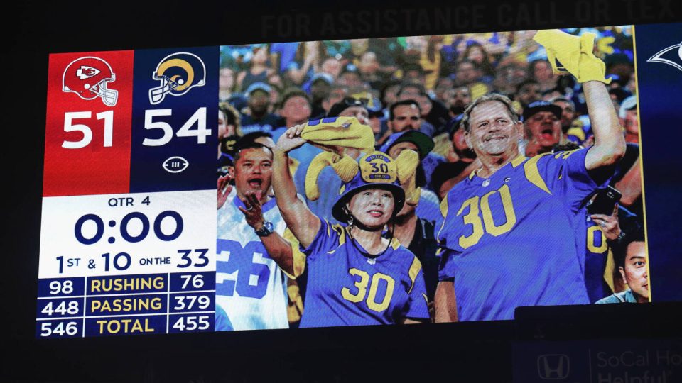 LOS ANGELES, CA - NOVEMBER 19:  The final score of 54-51 is seen on the screen after the Los Angeles Rams defeated the Kansas City Chiefs in their Monday Night Football game at Los Angeles Memorial Coliseum on November 19, 2018 in Los Angeles, California.  (Photo by Sean M. Haffey/Getty Images)