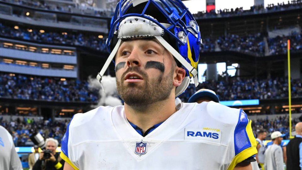 Jan 1, 2023; Inglewood, California, USA; Los Angeles Rams quarterback Baker Mayfield (17) walks on the field after the game against the Los Angeles Chargers at SoFi Stadium. Mandatory Credit: Jayne Kamin-Oncea-USA TODAY Sports