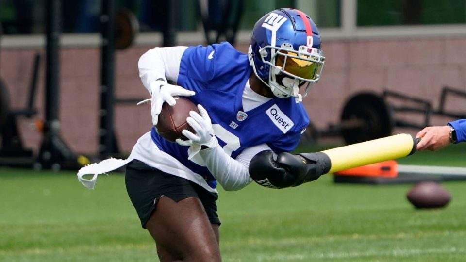 New York Giants wide receiver Parris Campbell (0) participates in drills on day two of mandatory minicamp at the Giants training center on Wednesday, June 14, 2023, in East Rutherford.