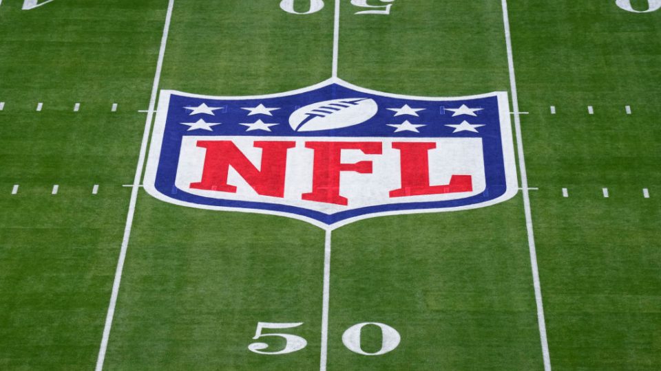 GLENDALE, AZ - FEBRUARY 12: Elevated view of the NFL Shield logo painted on the field prior to Super Bowl LVII between the Kansas City Chiefs and the Philadelphia Eagles at State Farm Stadium on February 12, 2023 in Glendale, Arizona. (Photo by Cooper Neill/Getty Images)