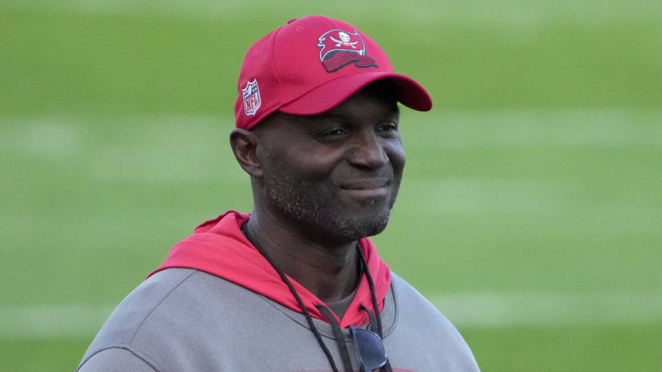 Nov 11, 2022; Munich, Germany; Tampa Bay Buccaneers head coach Todd Bowles reacts during practice at the FC Bayern Campus. Mandatory Credit: Kirby Lee-USA TODAY Sports