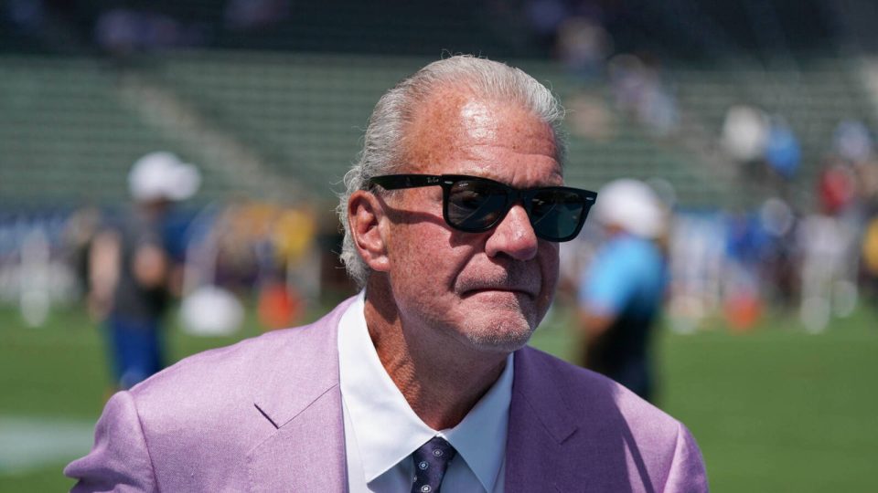 Sep 8, 2019; Carson, CA, USA; Indianapolis Colts owner Jim Irsay on the field prior to the game against the Los Angeles Chargers at Dignity Health Sports Park. Mandatory Credit: Kirby Lee-USA TODAY Sports