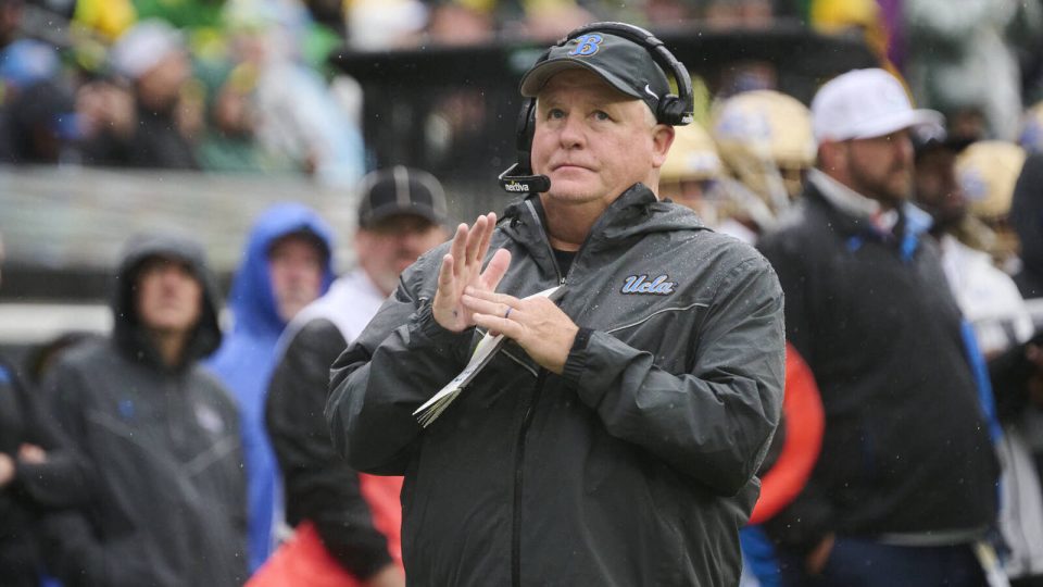 Oct 22, 2022; Eugene, Oregon, USA; UCLA Bruins head coach Chip Kelly signals for a timeout during the second half against the Oregon Ducks at Autzen Stadium. The Ducks won the game 45-30. Mandatory Credit: Troy Wayrynen-USA TODAY Sports