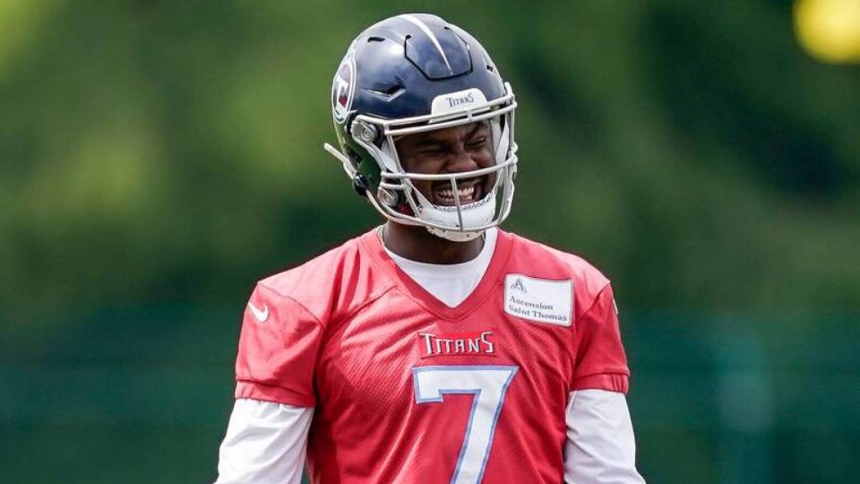 Tennessee Titans quarterback Malik Willis (7) laughs during an OTA practice at Ascension Saint Thomas Sports Park in Nashville, Tenn., Wednesday, June 14, 2023.