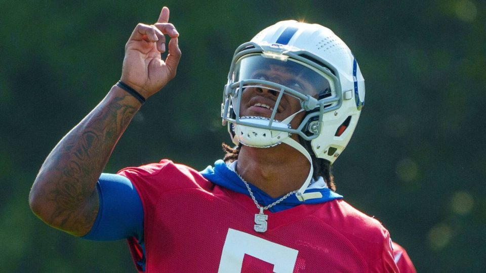 Indianapolis Colts quarterback Anthony Richardson (5) points to the sky before drills during the first day of training camp practice Wednesday, July 26, 2023, at Grand Park Sports Complex in Westfield, Indiana.