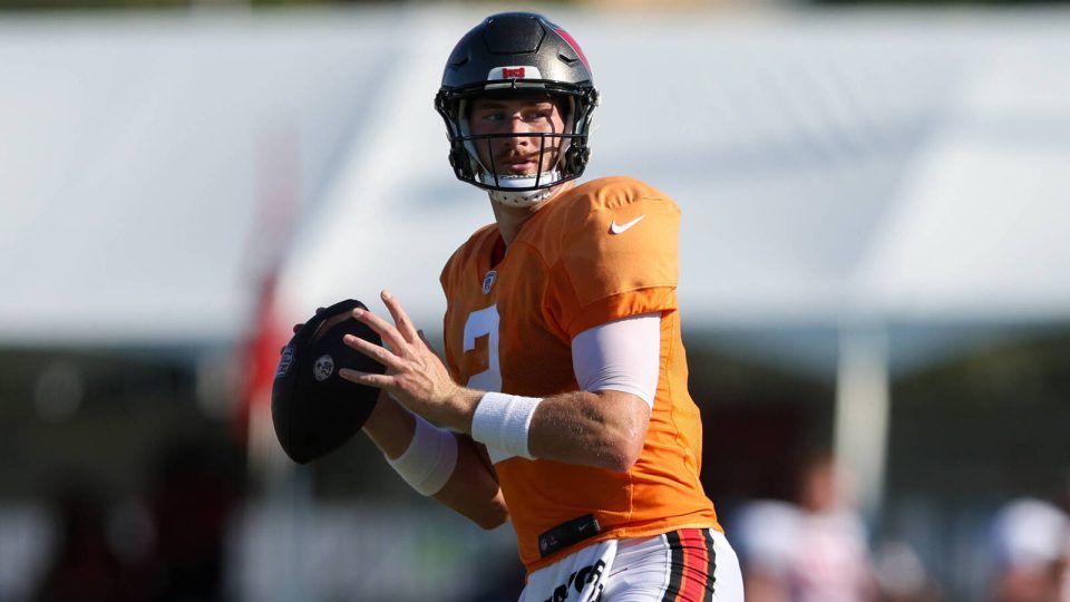 Aug 3, 2023; Tampa Bay, FL, USA;  Tampa Bay Buccaneers quarterback Kyle Trask (2) participates in training camp at AdventHealth Training Center. Mandatory Credit: Nathan Ray Seebeck-USA TODAY Sports