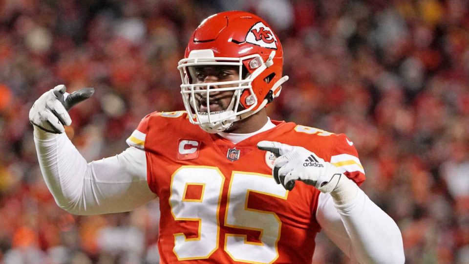 Jan 29, 2023; Kansas City, Missouri, USA; Kansas City Chiefs defensive tackle Chris Jones (95) reacts after a play against the Cincinnati Bengals during the second quarter of the AFC Championship game at GEHA Field at Arrowhead Stadium. Mandatory Credit: Denny Medley-USA TODAY Sports
