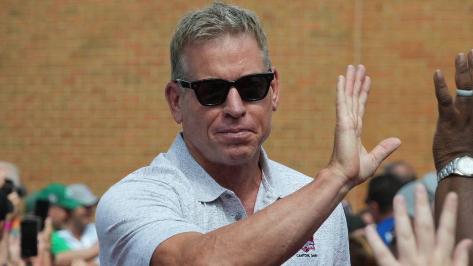 Aug 5, 2023; Canton, OH, USA;  Troy Aikman arrives on the red carpet for the 2023 Pro Football Hall of Fame Enshrinement at Tom Benson Hall of Fame Stadium. Mandatory Credit: Kirby Lee-USA TODAY Sports