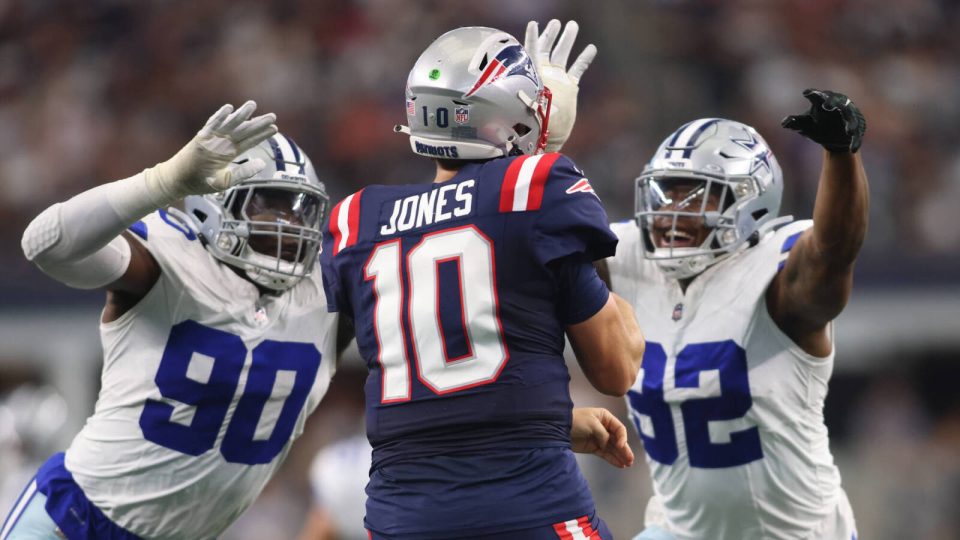 Oct 1, 2023; Arlington, Texas, USA;  Dallas Cowboys defensive end DeMarcus Lawrence (90) and defensive end Dorance Armstrong (92) rush New England Patriots quarterback Mac Jones (10) in the second quarter at AT&amp;T Stadium. Mandatory Credit: Tim Heitman-USA TODAY Sports
