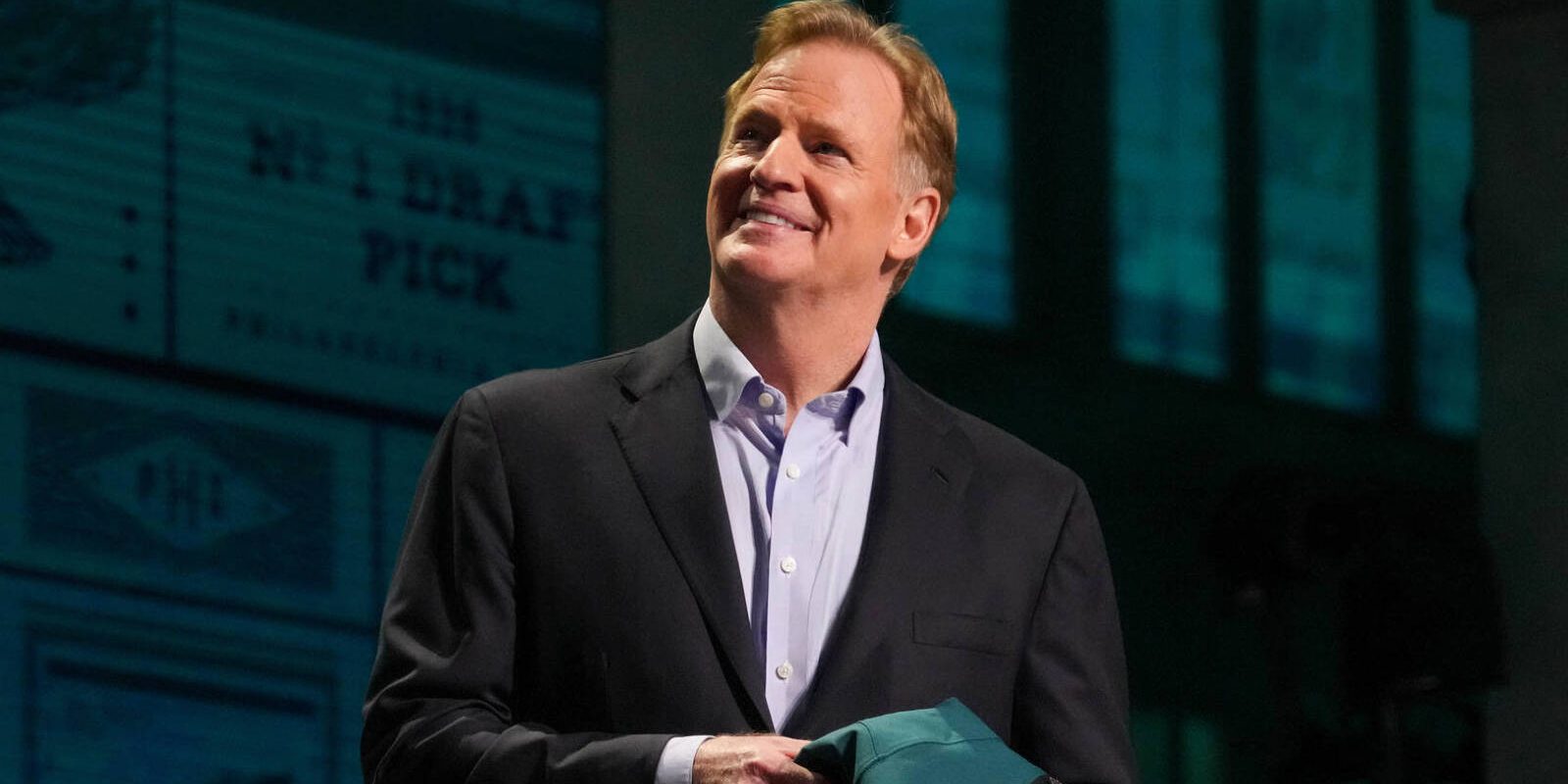 Apr 27, 2023; Kansas City, MO, USA; NFL commissioner Roger Goodell looks on after Georgia defensive lineman Jalen Carter (not pictured) was selected by the Philadelphia Eagles ninth overall in the first round of the 2023 NFL Draft at Union Station. Mandatory Credit: Kirby Lee-USA TODAY Sports